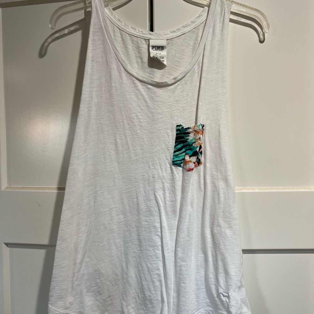 PINK Women's White Tank Top with Floral Pocket